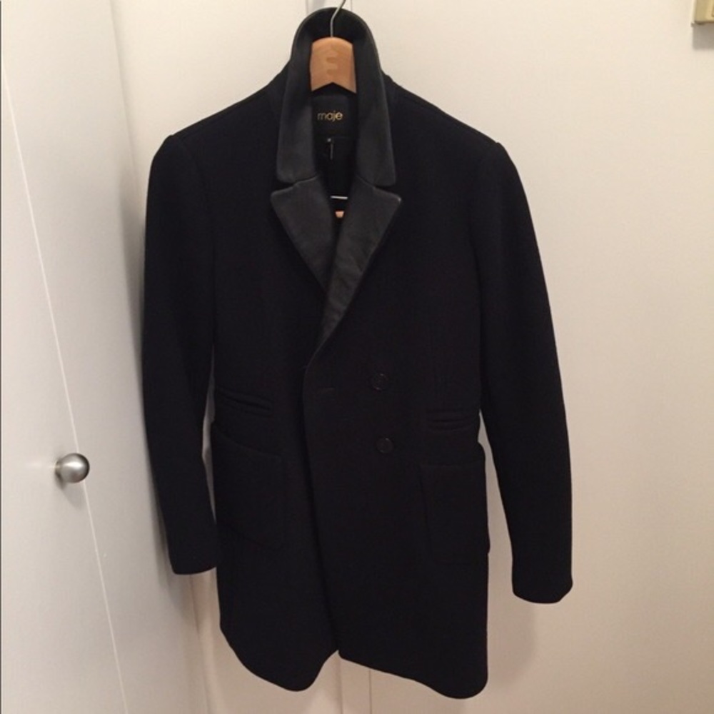 Maje Wool and Leather Peacoat, Black size 36